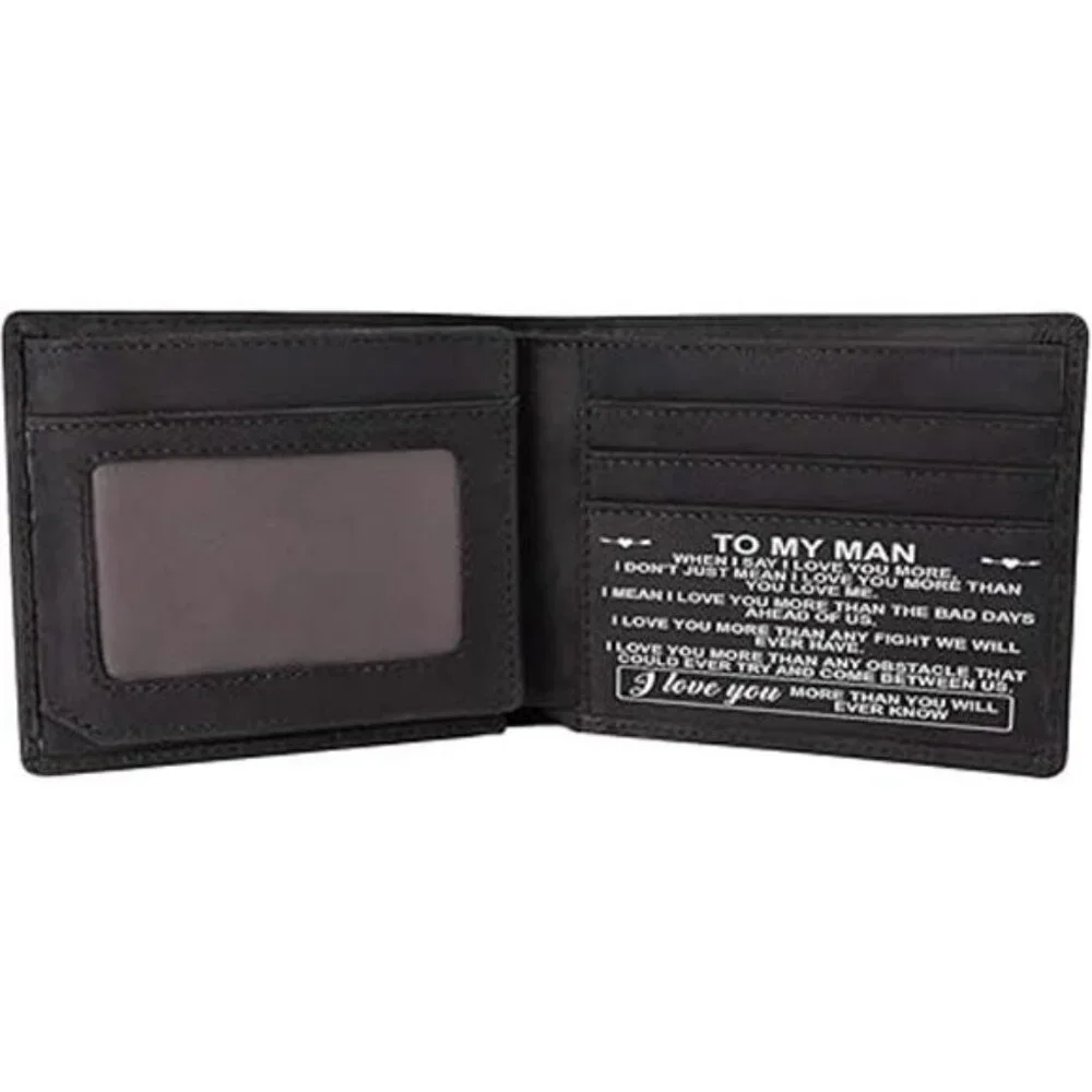 Personalized Leather Wallet For Man, Engraved RFID Blocking Bifold Stylish Black
